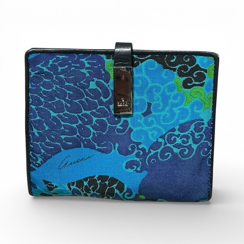 GUCCI TOM FORD Era Hokusai Wave Print Canvas Leather Bi-Fold Wallet Blue/Black